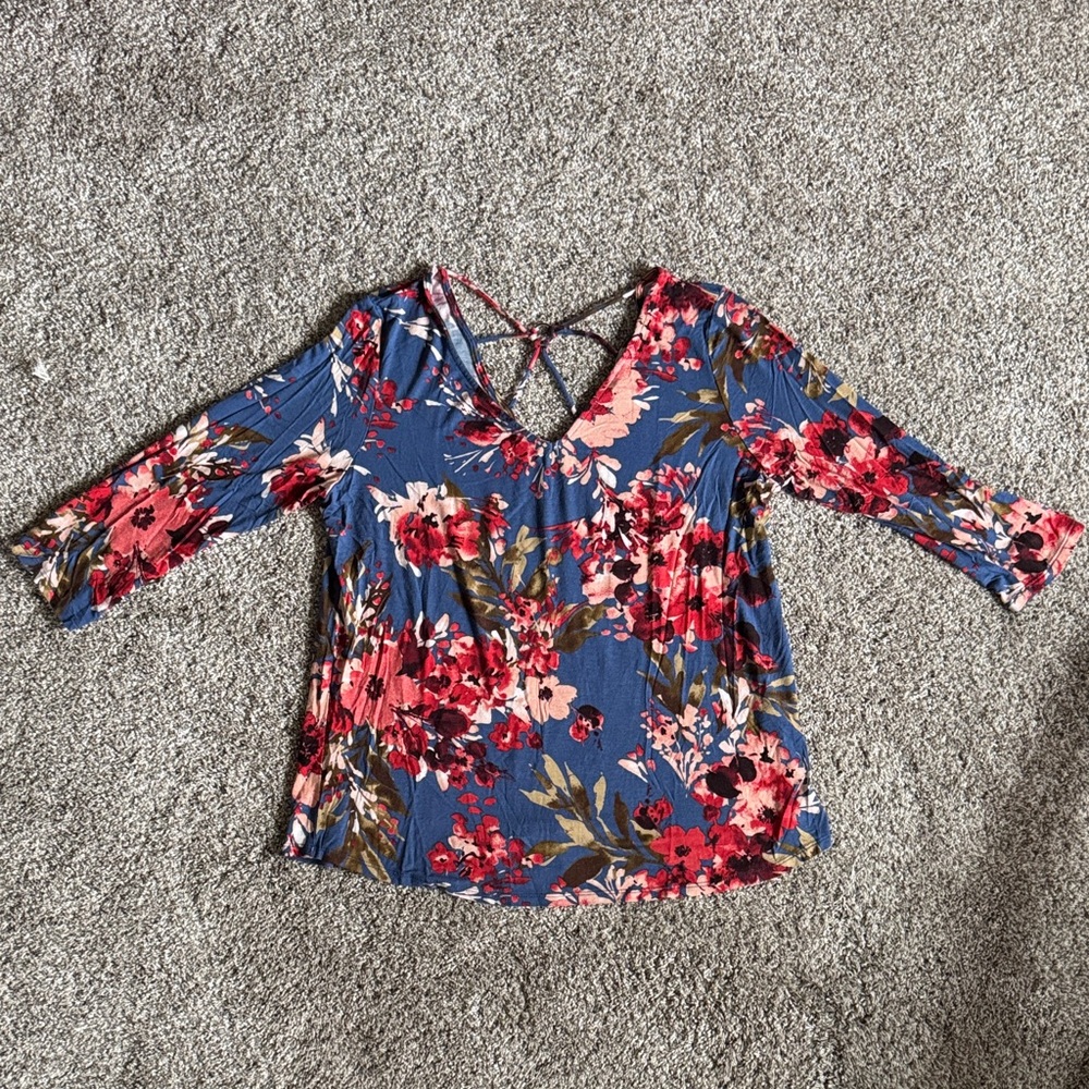 Papermoon Floral V-Neck Blouse - Blue and Red